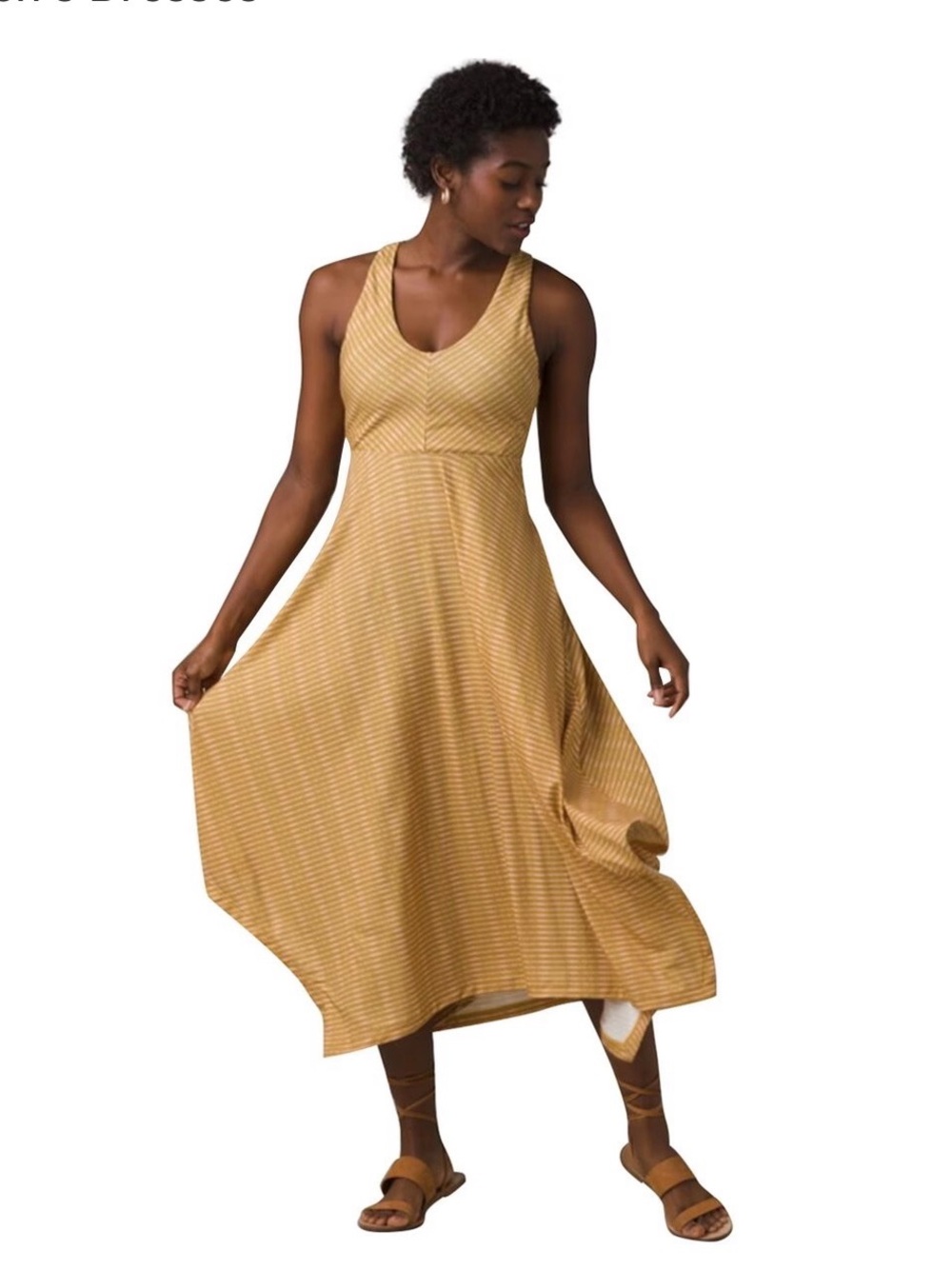 Prana Samson Dress Mustard Striped V-Neck Midi / Maxi Size M